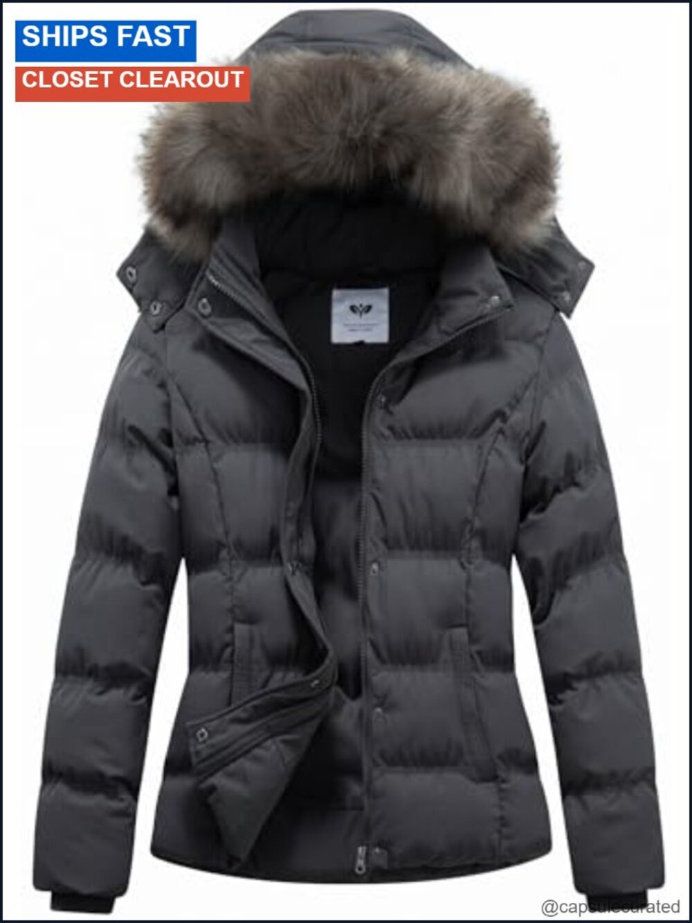 Womens Quilted Puffer Coat Removable Fur Hood Winter Jacket